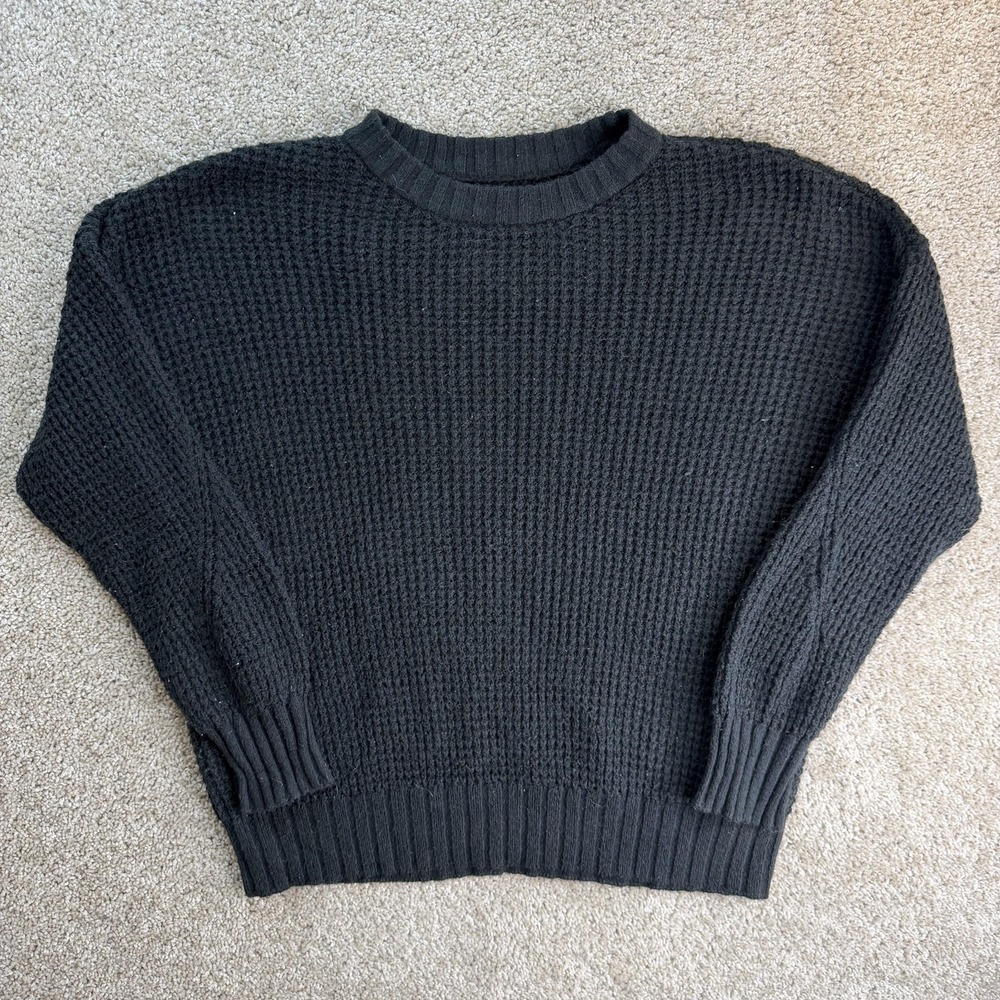 American Eagle Outfitters Sweater Womens XS Black Waffle-Knit Crew Pullover